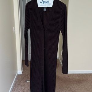 Full length dark brown sweater.  4 buttons up the front.